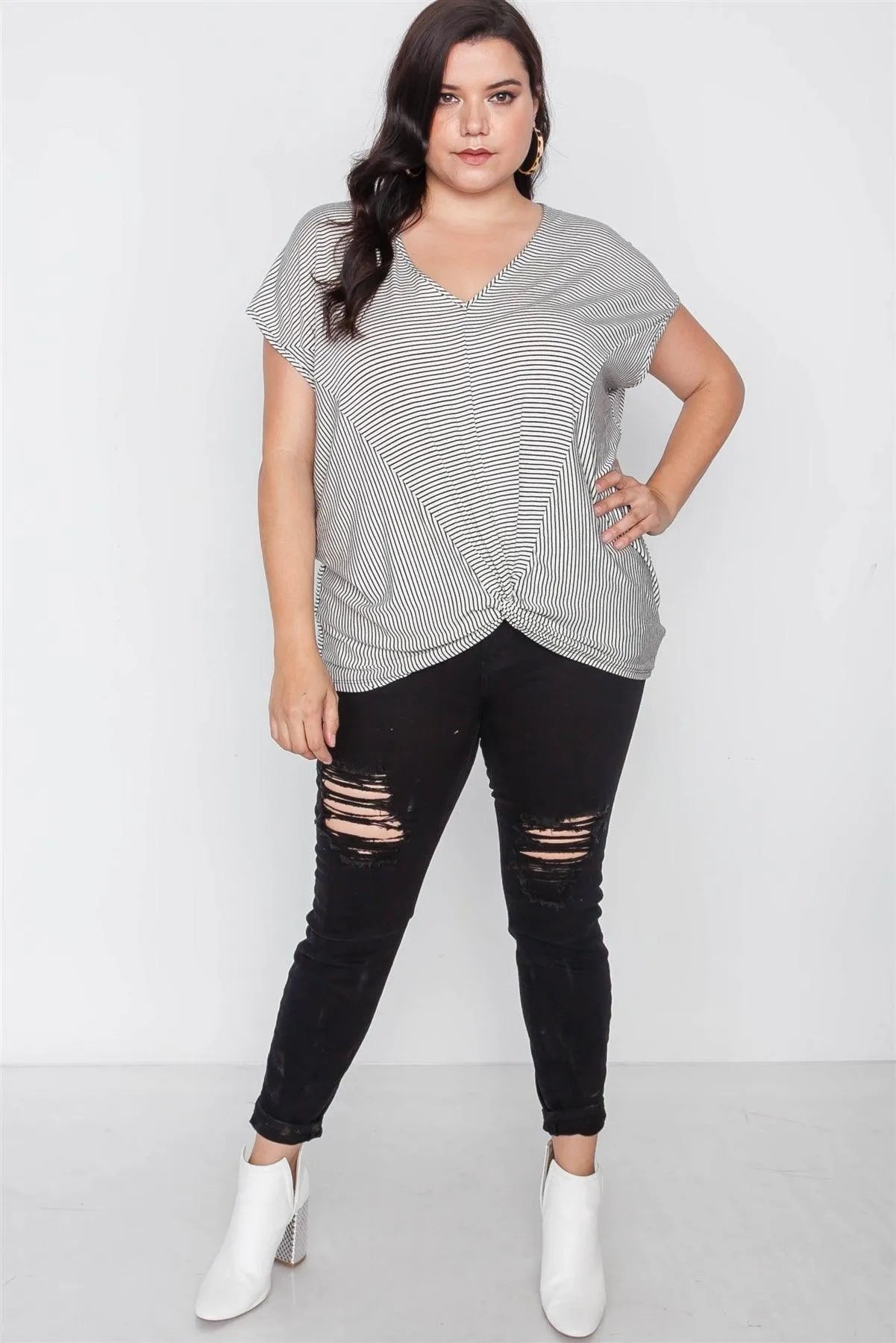 Plus Size Stripe White Black Short Sleeve Top - Tasha Apparel Wholesale