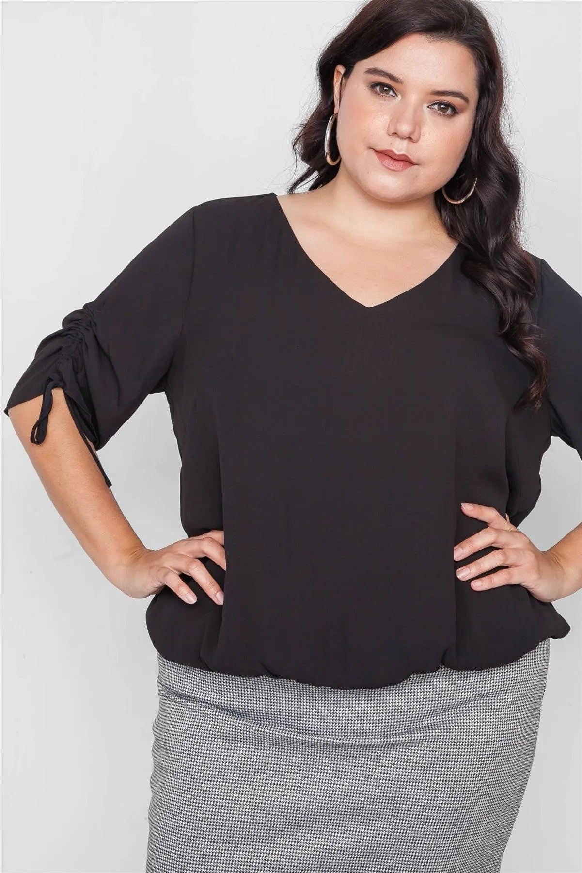 Wholesale Plus Size Black Chiffon V-Neck Solid Top