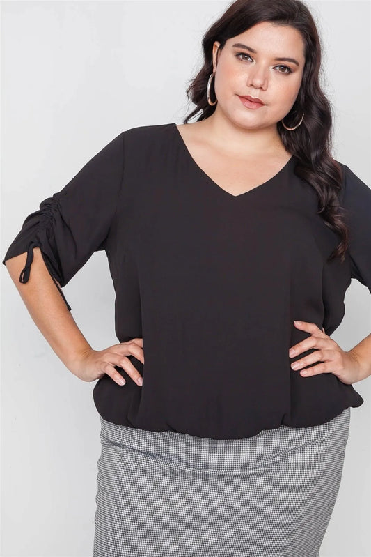 Plus Size Black Chiffon V-Neck Solid Top /2-2-2 - Tasha Apparel Wholesale