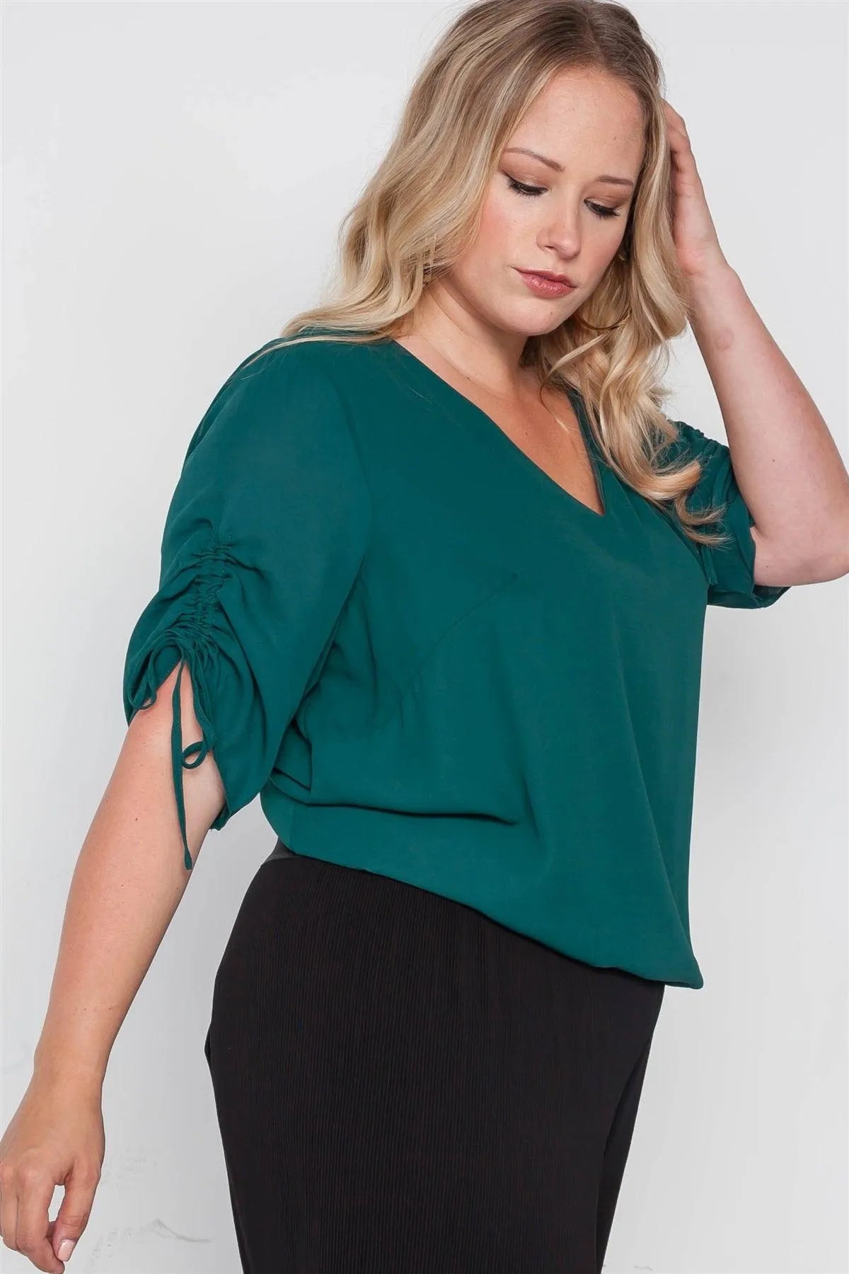 Plus Size Hunter Green Chiffon V-Neck Solid Top /2-2-2 - Tasha Apparel Wholesale
