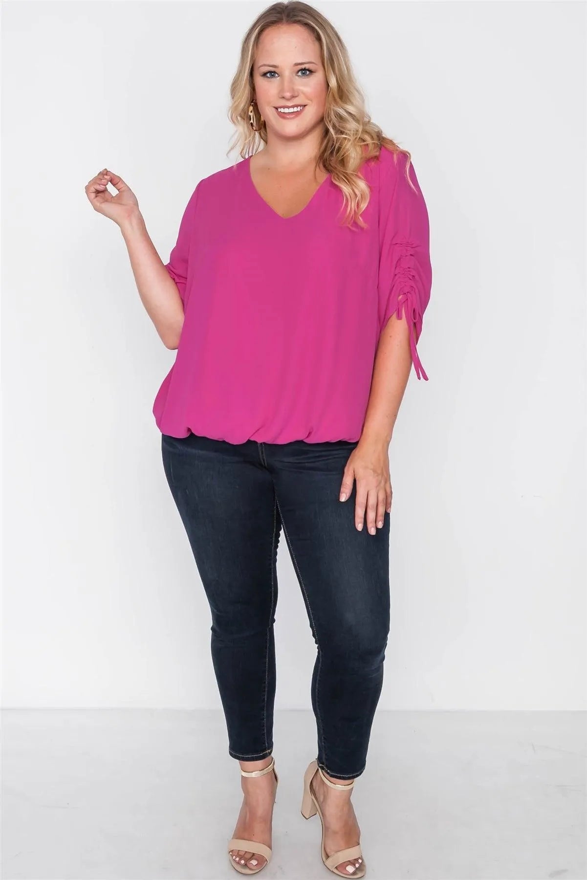 Plus Size Magenta Chiffon V-Neck Solid Top - Tasha Apparel Wholesale
