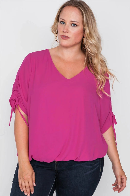 Plus Size Magenta Chiffon V-Neck Solid Top /2-2-2 - Tasha Apparel Wholesale