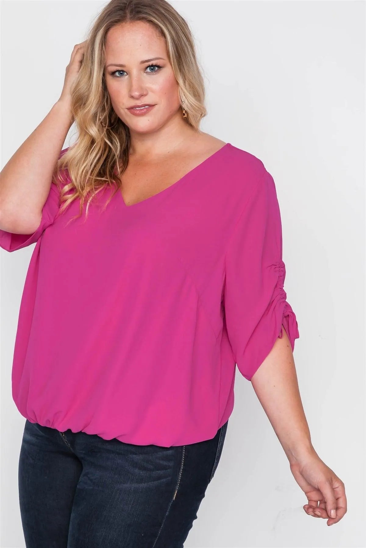 Plus Size Magenta Chiffon V-Neck Solid Top /2-2-2 - Tasha Apparel Wholesale