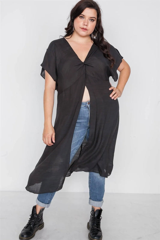 Plus Size Black Front Slit Tunic Cover-Up Top - Tasha Apparel Wholesale