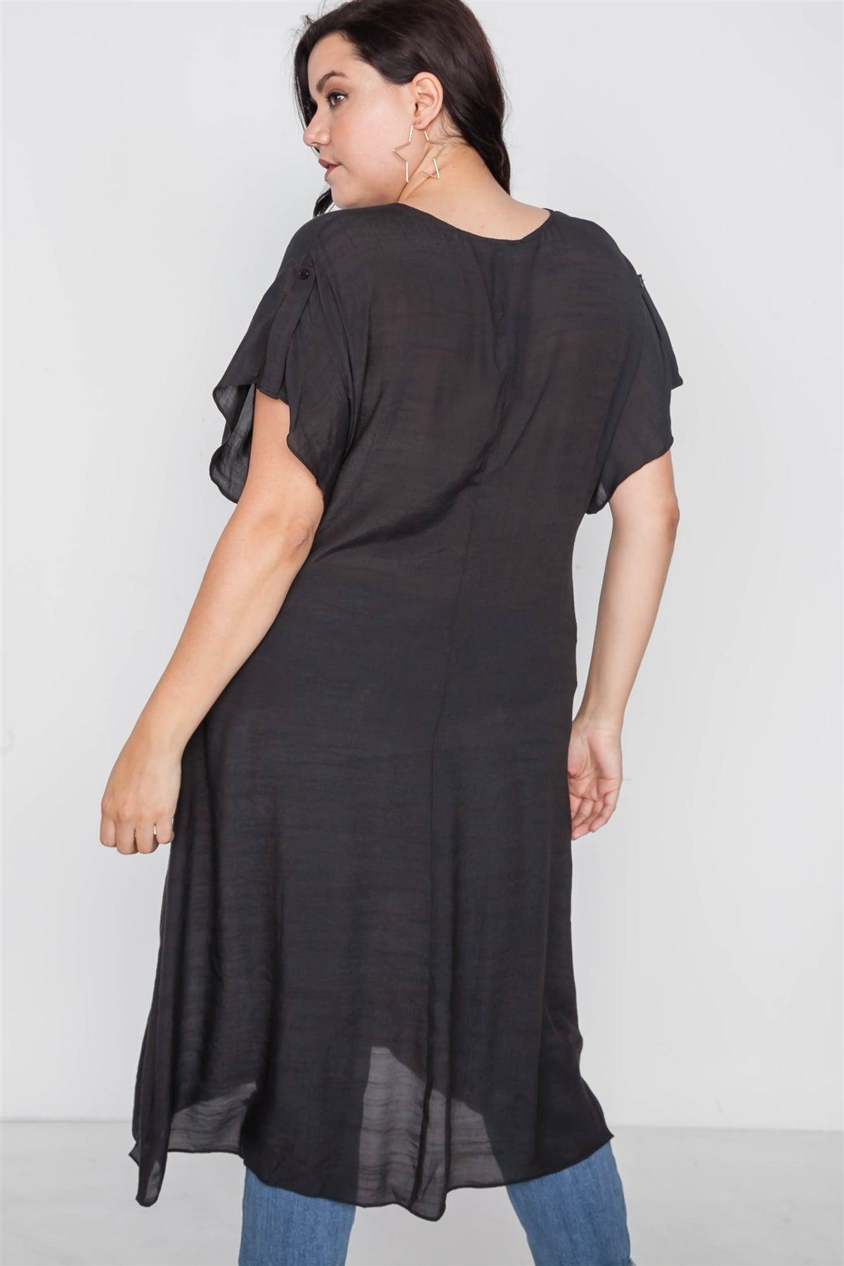 Plus Size Black Front Slit Tunic Cover-Up Top