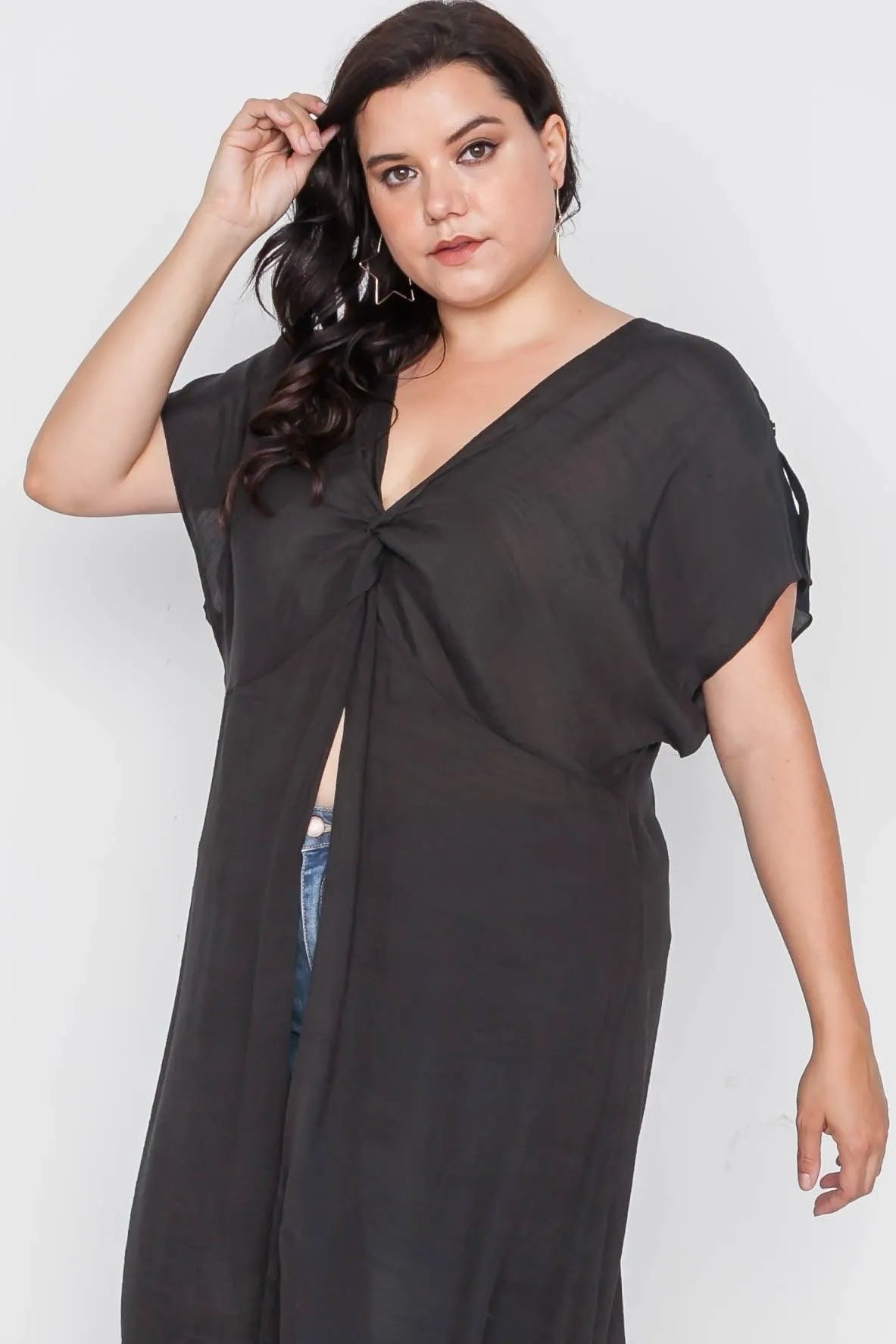 Plus Size Black Front Slit Tunic Cover-Up Top - Tasha Apparel Wholesale