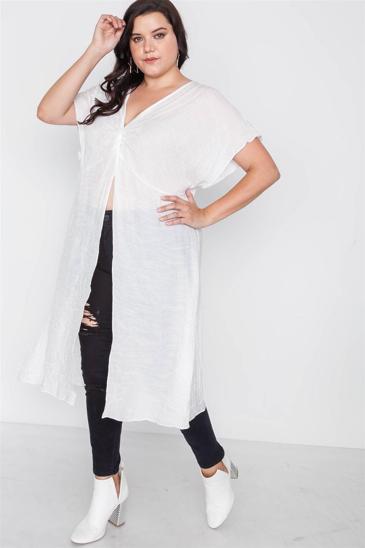 Plus Size White Front Slit Tunic Cover-Up Top
