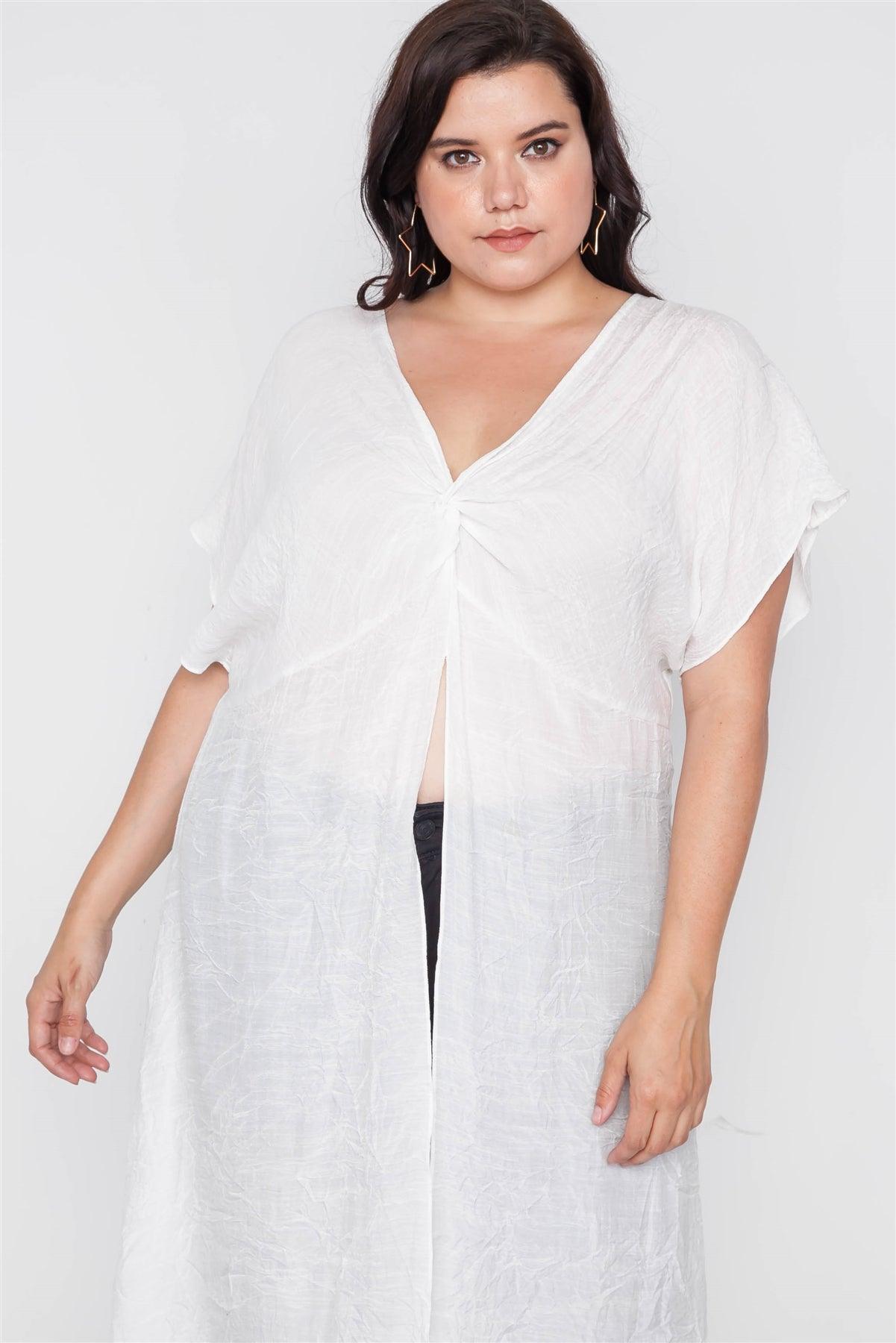 Plus Size White Front Slit Tunic Cover-Up Top
