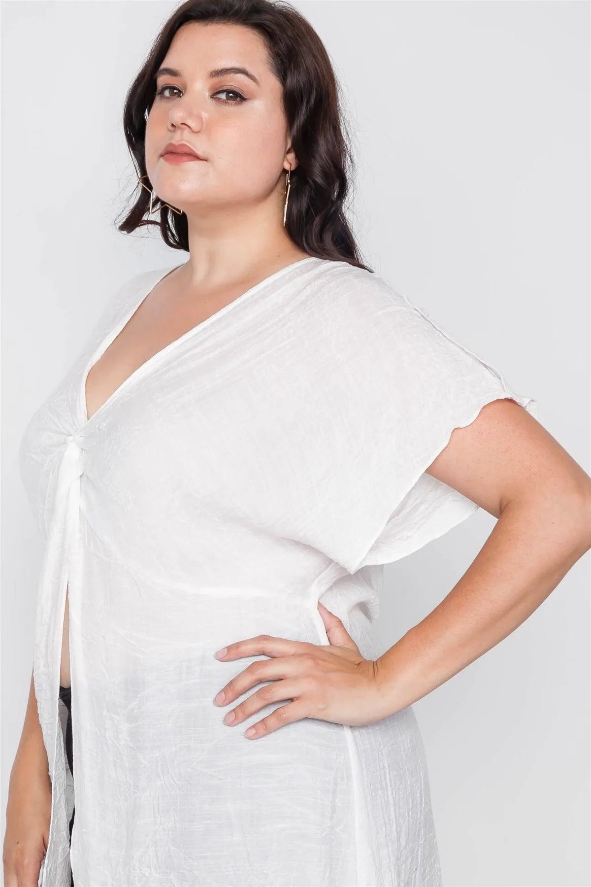Plus Size White Front Slit Tunic Cover-Up Top - Tasha Apparel Wholesale