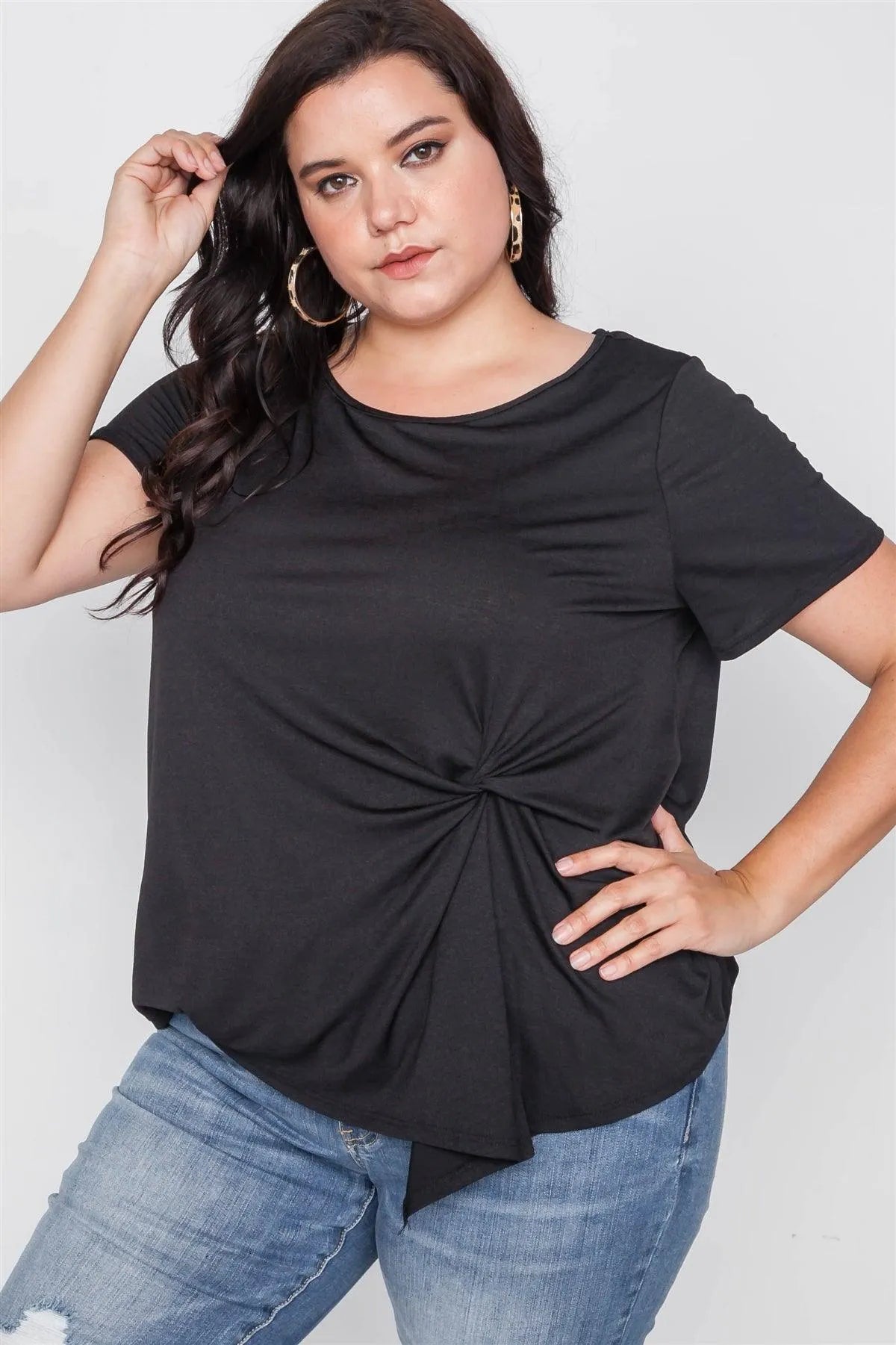 Plus Size Black Short Sleeve Twist Front Top /2-2-2 - Tasha Apparel Wholesale