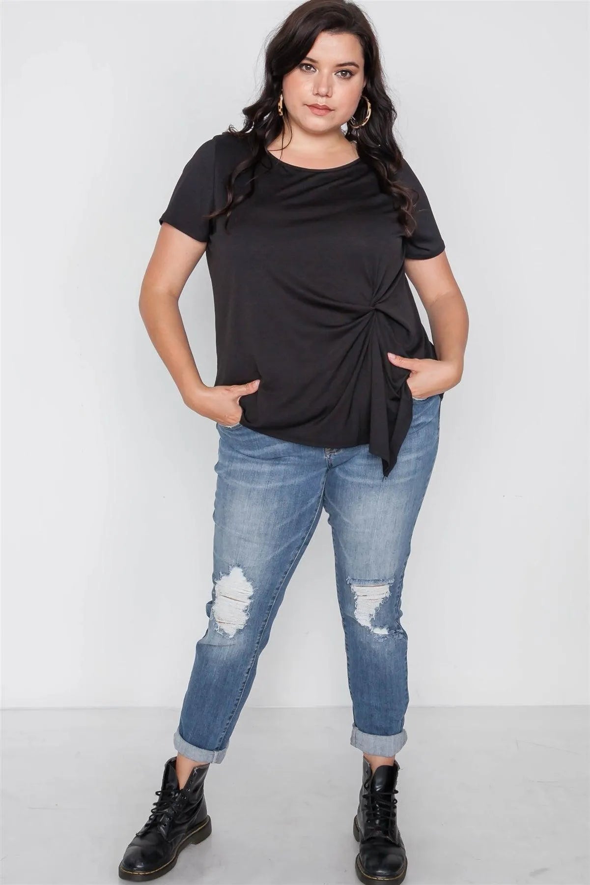 Plus Size Black Short Sleeve Twist Front Top /2-2-2 - Tasha Apparel Wholesale