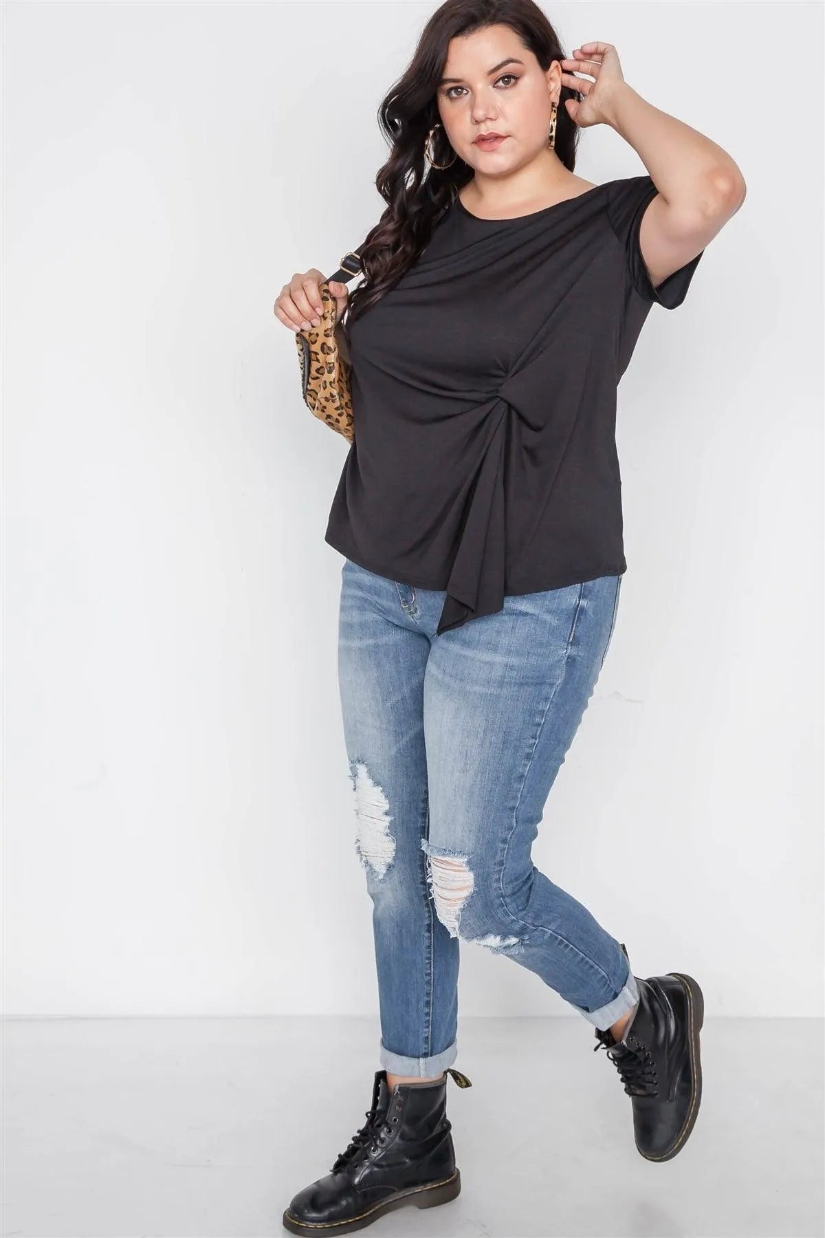 Plus Size Black Short Sleeve Twist Front Top /2-2-2 - Tasha Apparel Wholesale