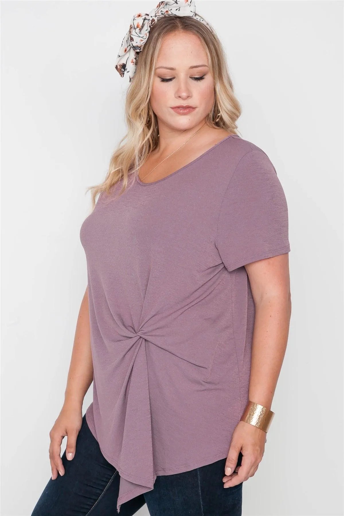 Plus Size Lilac Short Sleeve Twist Front Top - Tasha Apparel Wholesale