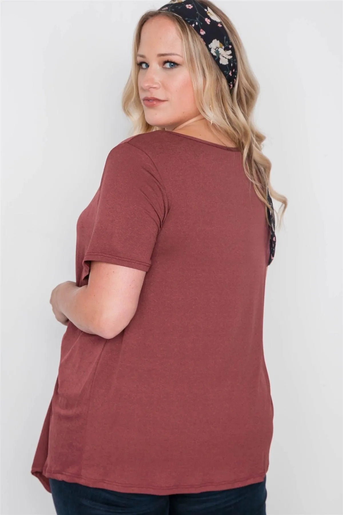 Plus Size Maroon Rust Short Sleeve Twist Front Top - Tasha Apparel Wholesale