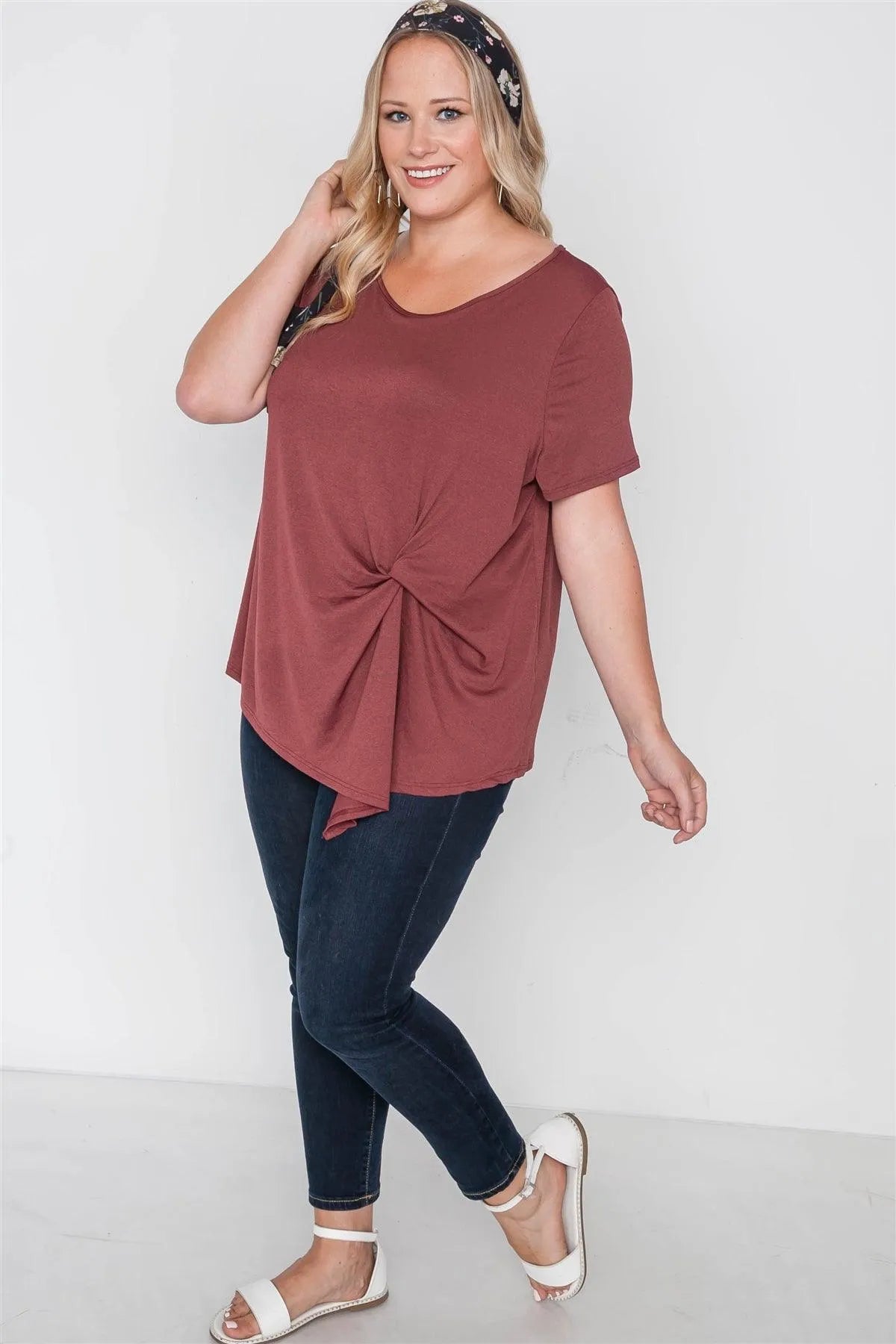 Plus Size Maroon Rust Short Sleeve Twist Front Top - Tasha Apparel Wholesale