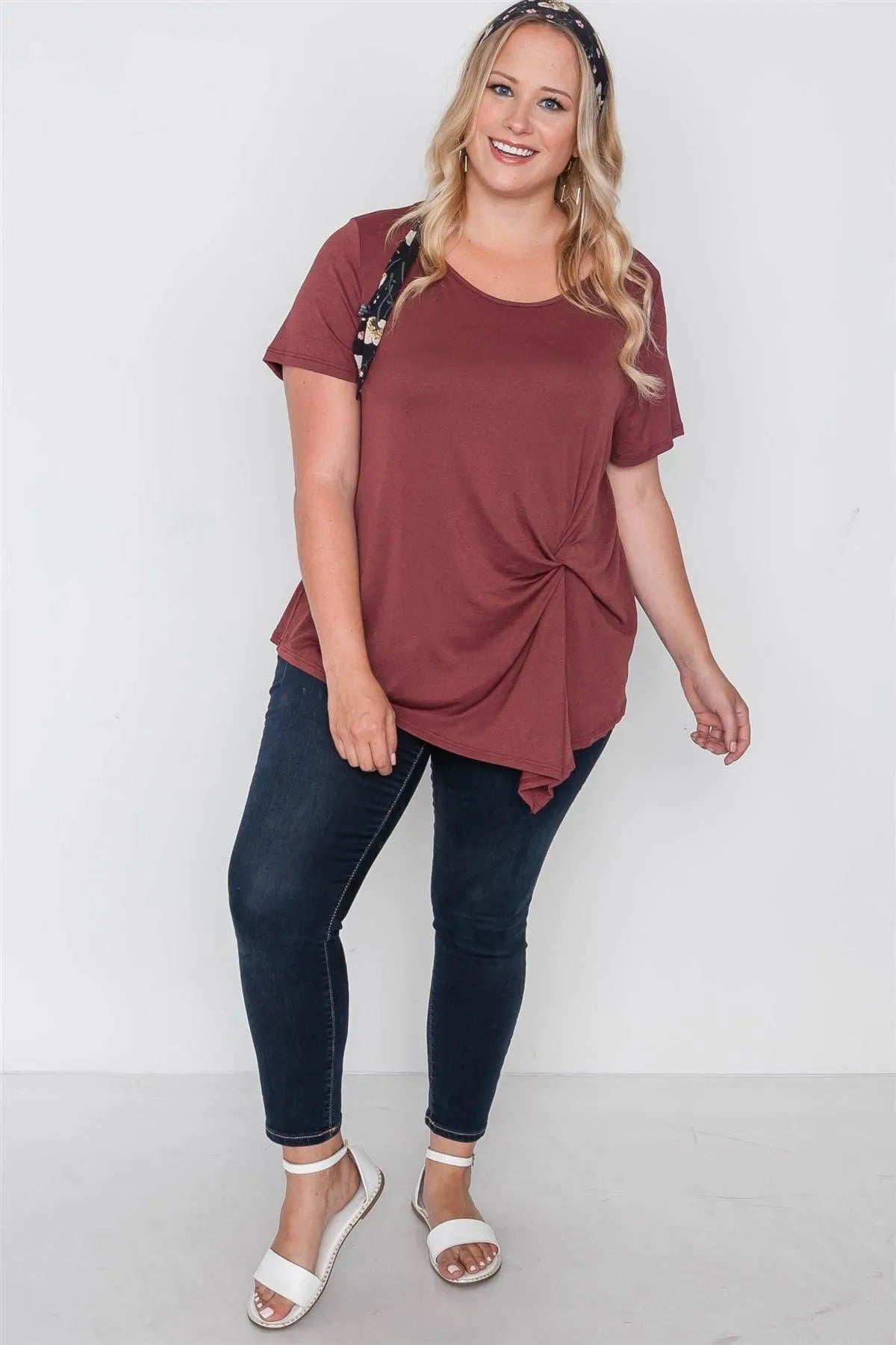 Plus Size Maroon Rust Short Sleeve Twist Front Top /2-2-2 - Tasha Apparel Wholesale