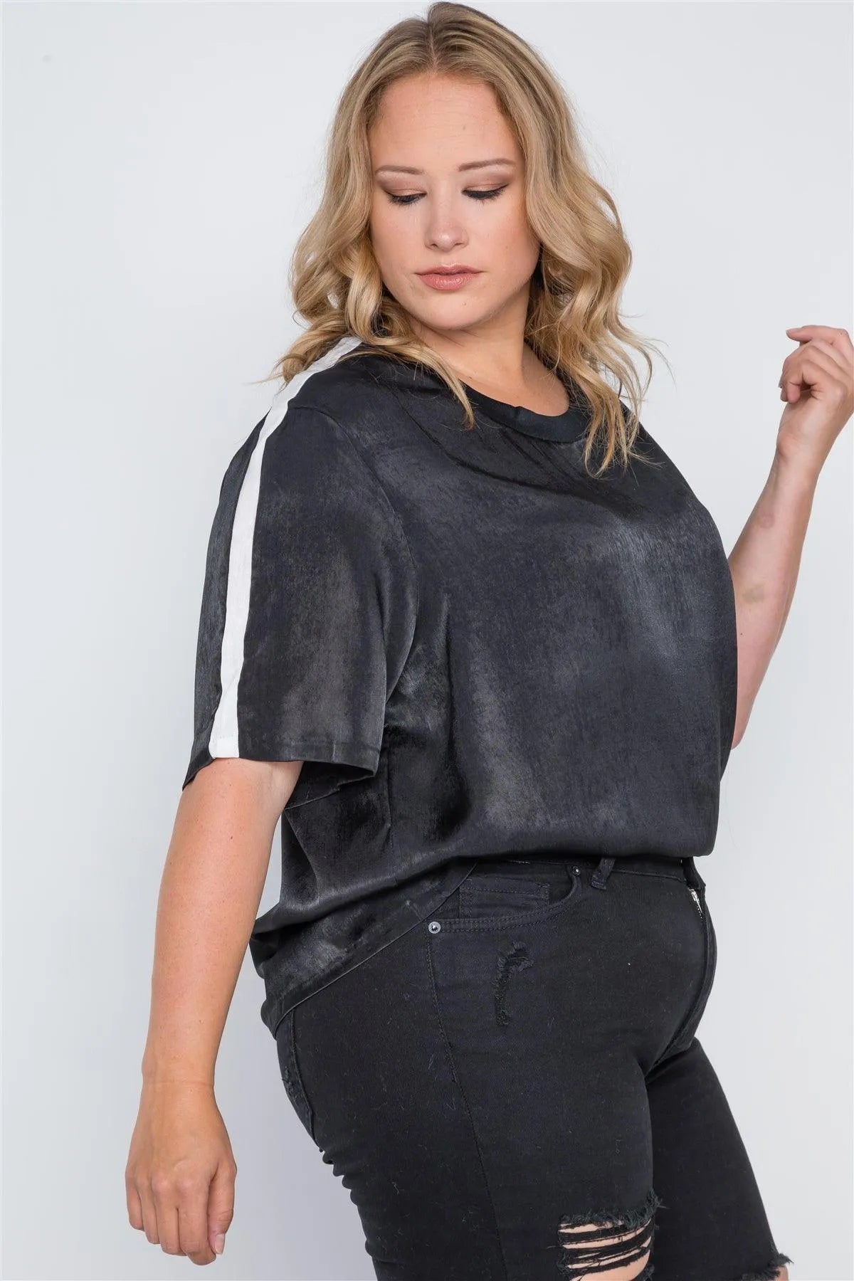 Plus Size Black Colorblock Short Sleeve Top /1-2-1 - Tasha Apparel Wholesale