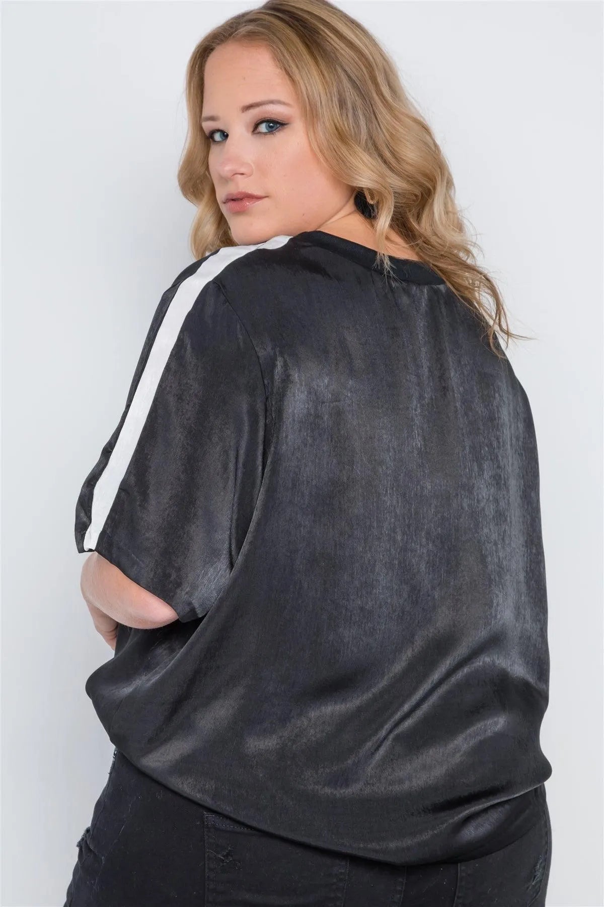 Plus Size Black Colorblock Short Sleeve Top /1-2-1 - Tasha Apparel Wholesale