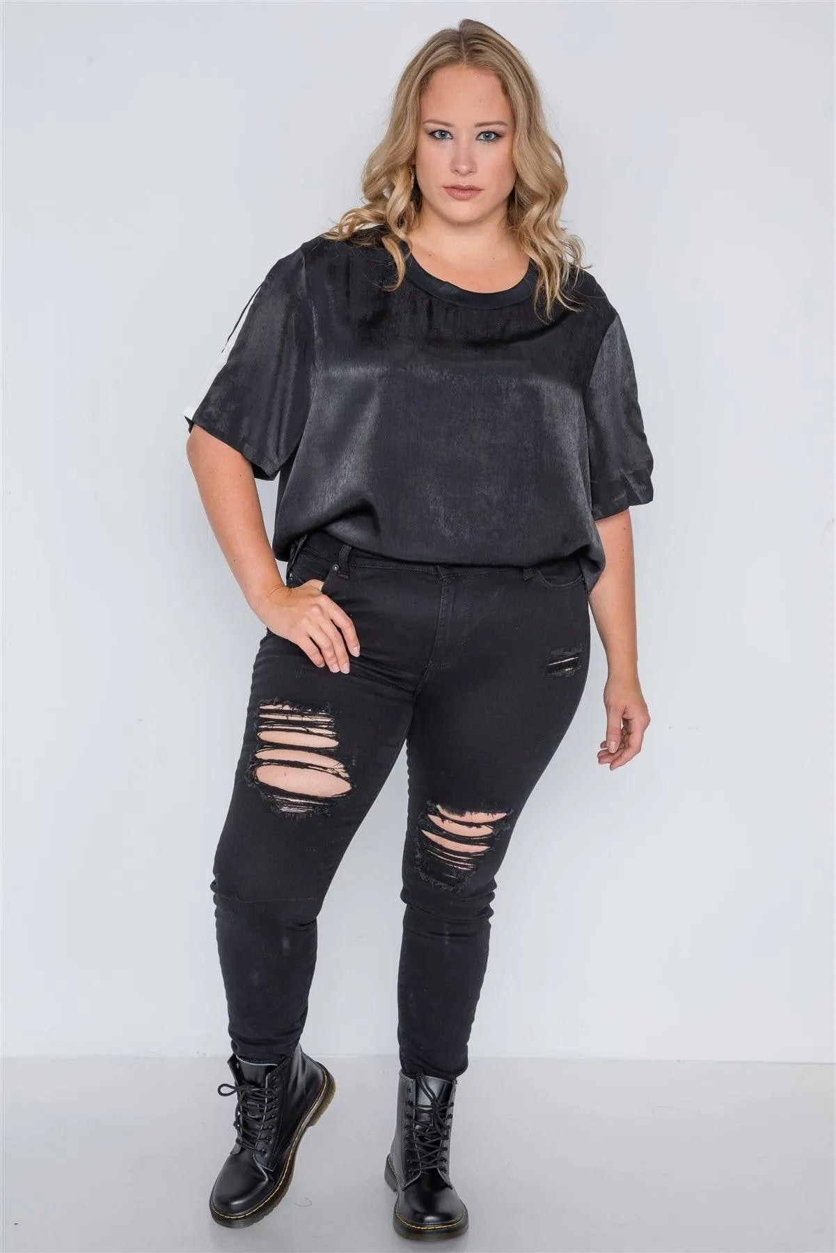 Plus Size Black Colorblock Short Sleeve Top /2-2-2 - Tasha Apparel Wholesale