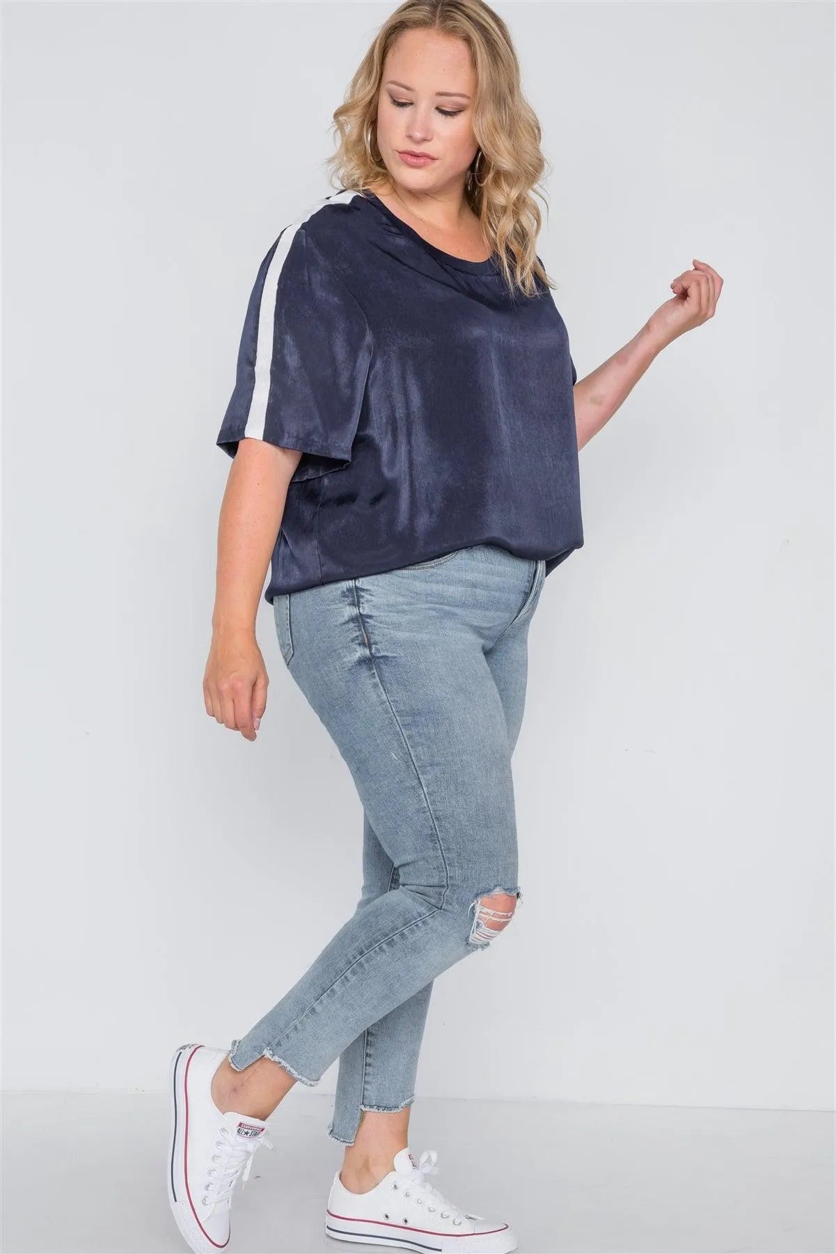 Plus Size Midnight Blue Colorblock Short Sleeve Top /1-1-2 - Tasha Apparel Wholesale