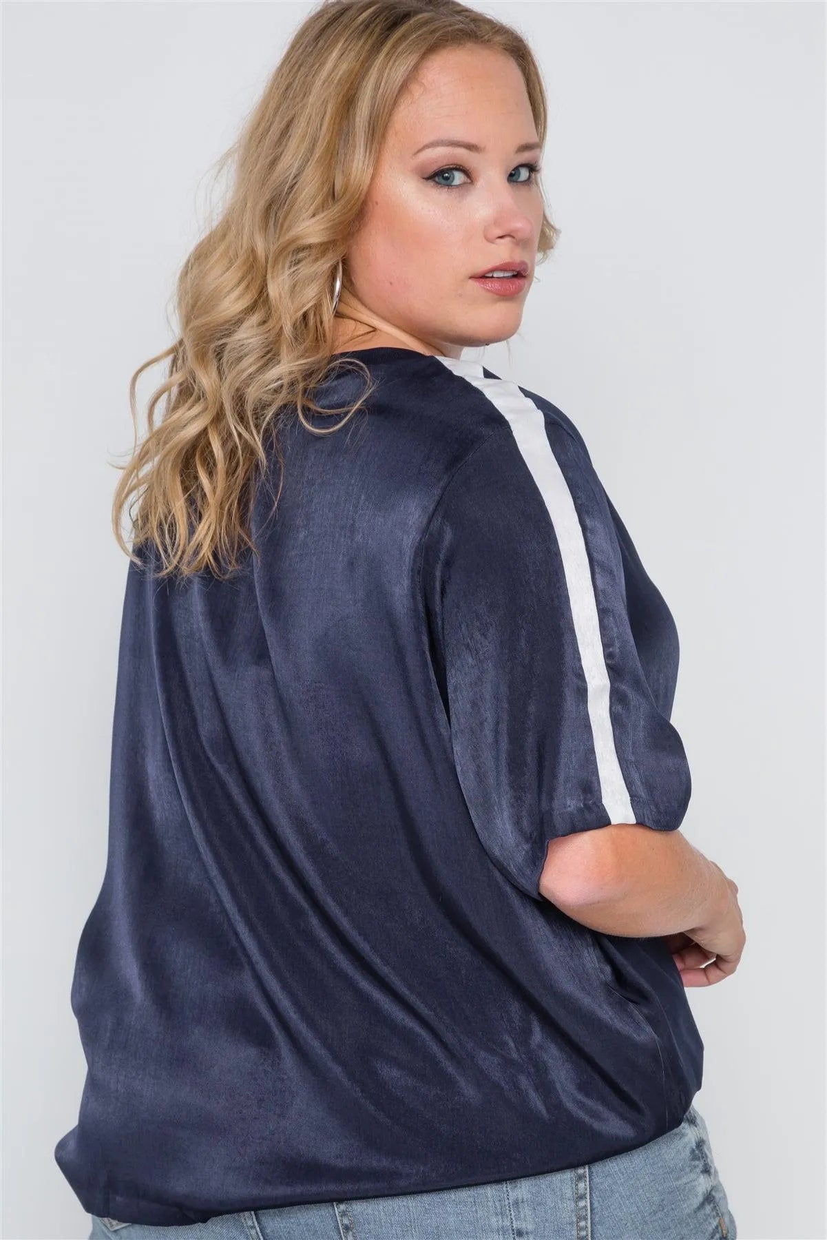 Plus Size Midnight Blue Colorblock Short Sleeve Top /1-1-2 - Tasha Apparel Wholesale