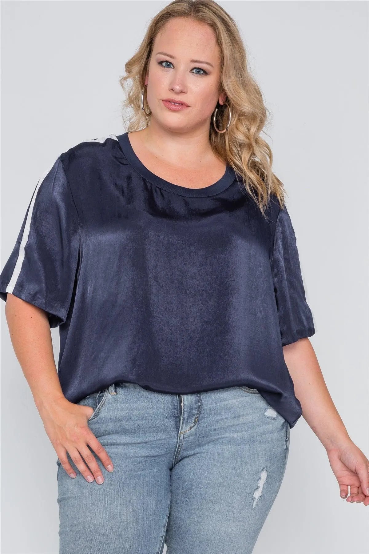 Plus Size Midnight Blue Colorblock Short Sleeve Top /1-1-2 - Tasha Apparel Wholesale