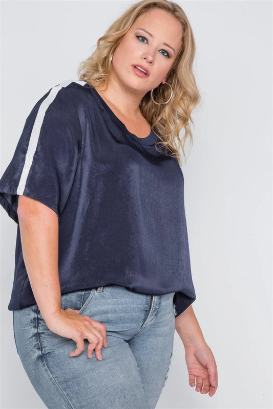 Plus Size Midnight Blue Colorblock Short Sleeve Top /2-2-2 - Tasha Apparel Wholesale