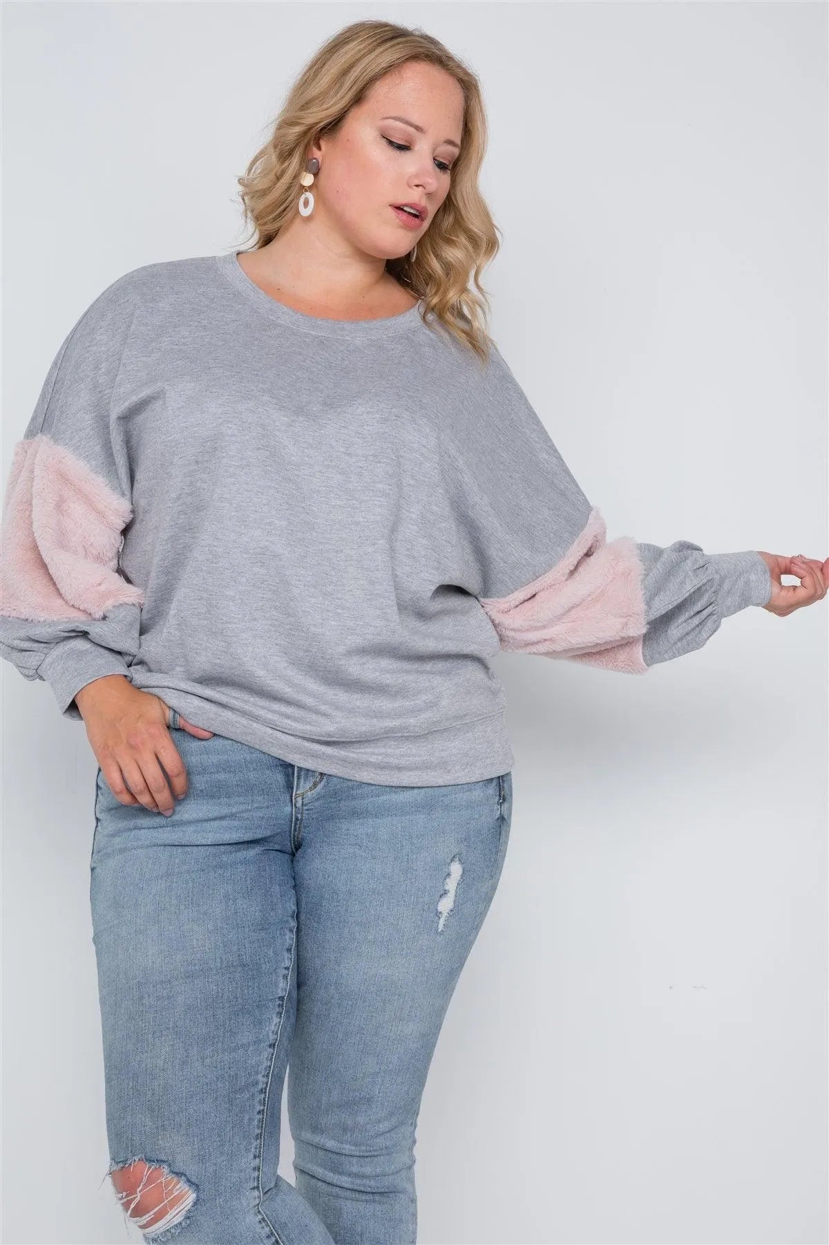 Plus Size Heather Grey Faux Fur Pink Sleeves Sweater /1-1-1 - Tasha Apparel Wholesale