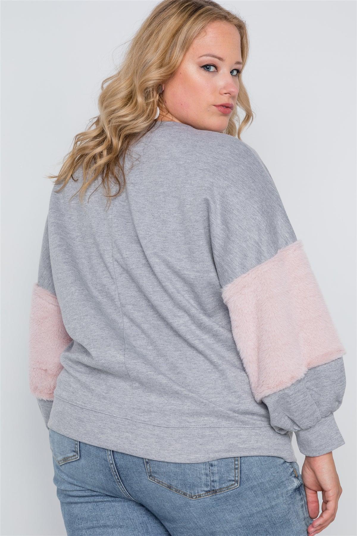 Plus Size Heather Grey Faux Fur Pink Sleeves Sweater /1-1-1