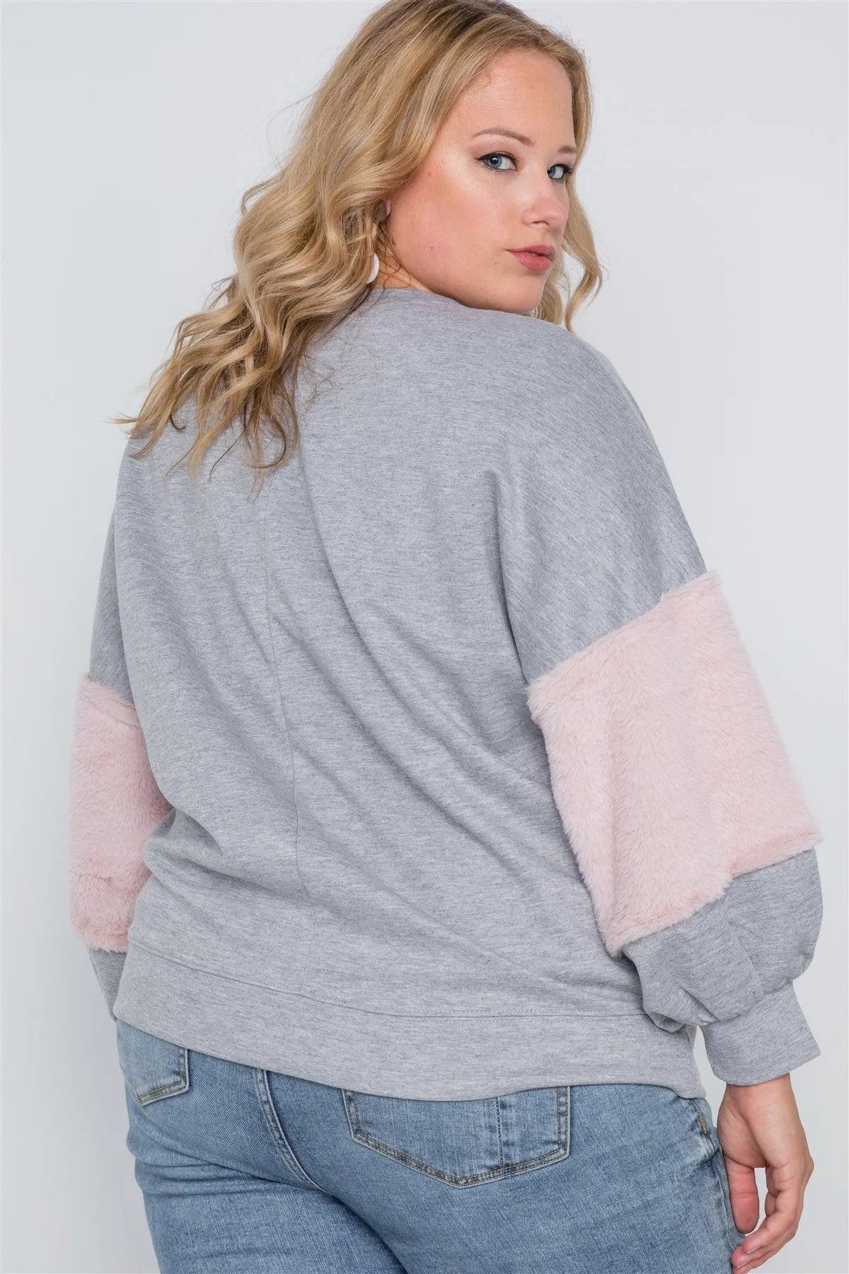 Plus Size Heather Grey Faux Fur Pink Sleeves Sweater /1-1-1 - Tasha Apparel Wholesale