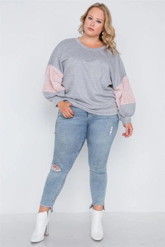 Plus Size Heather Grey Faux Fur Pink Sleeves Sweater - Tasha Apparel Wholesale