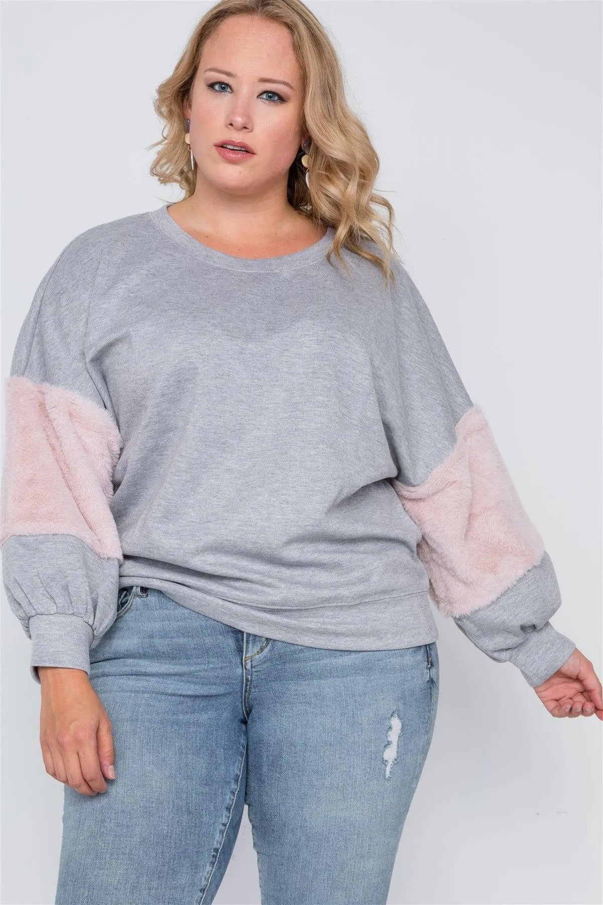 Plus Size Heather Grey Faux Fur Pink Sleeves Sweater - Tasha Apparel Wholesale