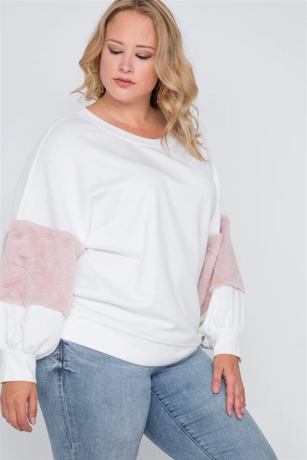 Plus Size Off White Faux Fur Pink Sleeves Sweater /1-1-1 - Tasha Apparel Wholesale