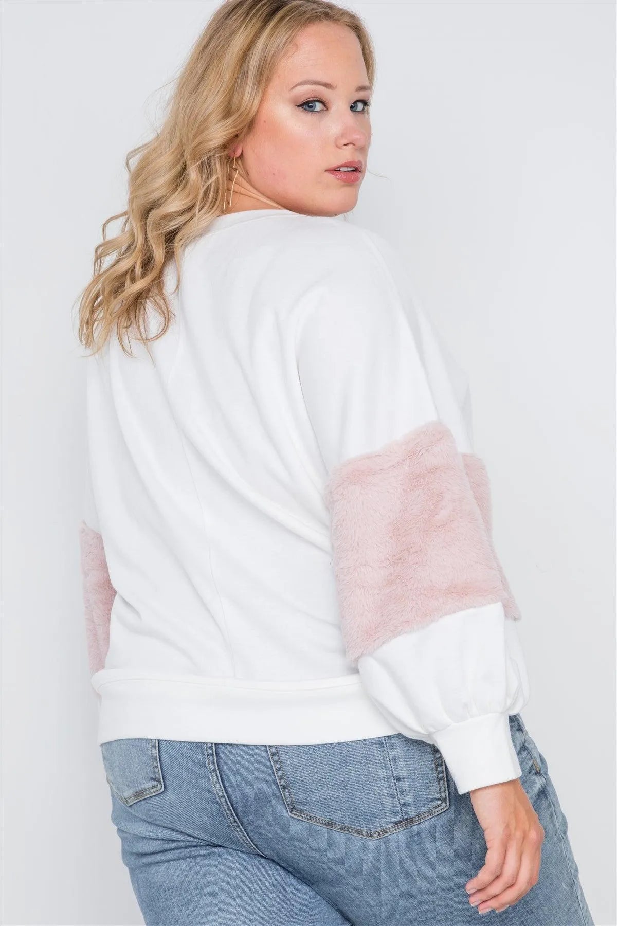 Plus Size Off White Faux Fur Pink Sleeves Sweater /1-1-1 - Tasha Apparel Wholesale