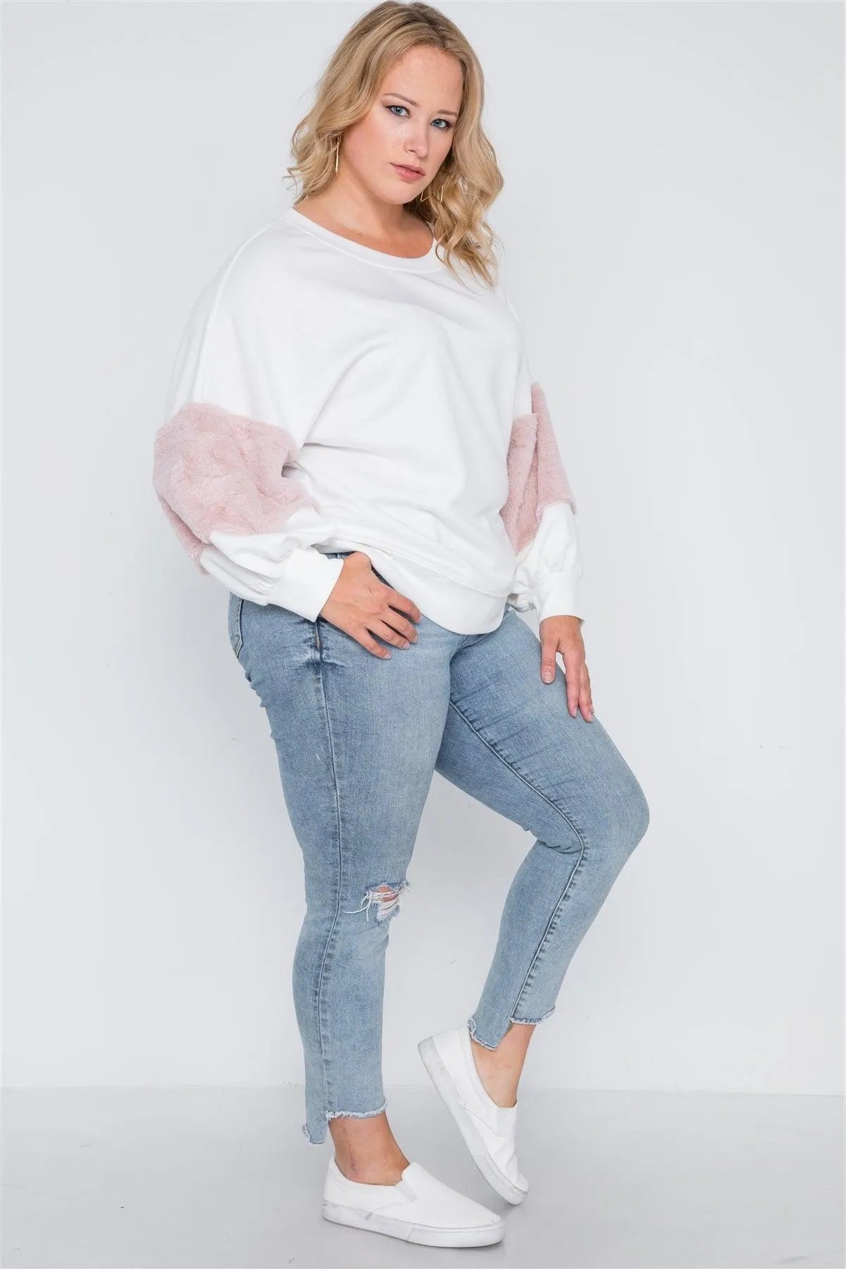 Plus Size Off White Faux Fur Pink Sleeves Sweater /1-1-1 - Tasha Apparel Wholesale
