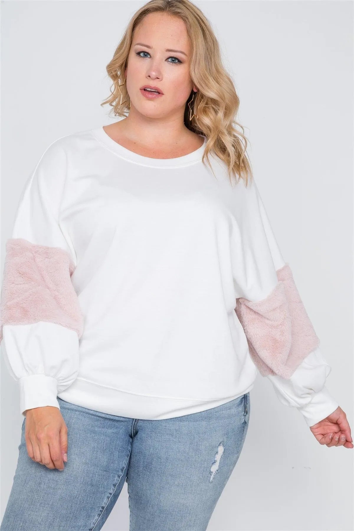 Plus Size Off White Faux Fur Pink Sleeves Sweater /2-2-2 - Tasha Apparel Wholesale