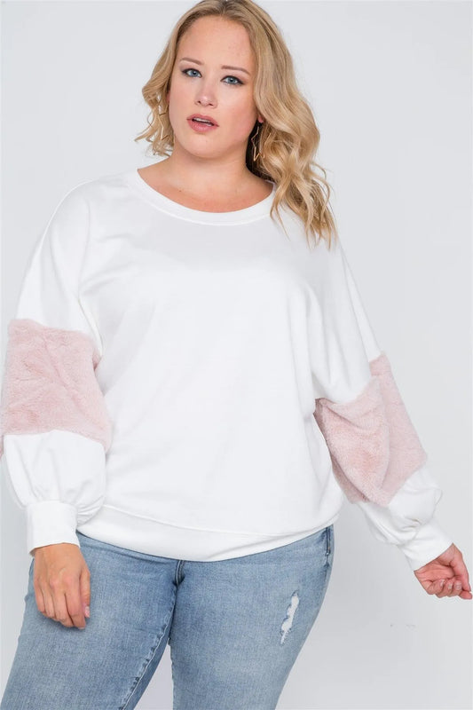 Plus Size Off White Faux Fur Pink Sleeves Sweater /2-2-2 - Tasha Apparel Wholesale