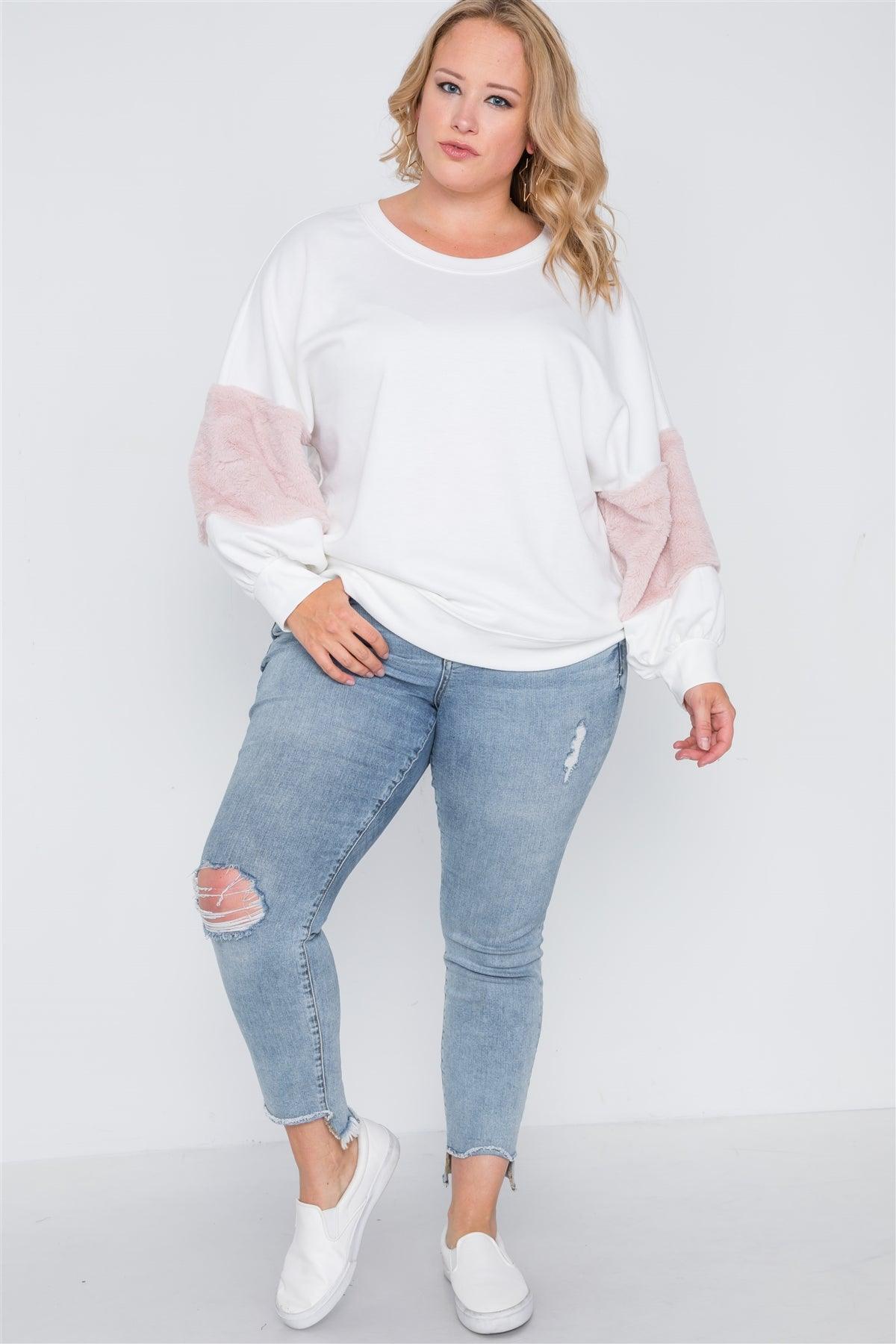 Plus Size Off White Faux Fur Pink Sleeves Sweater /2-2-2