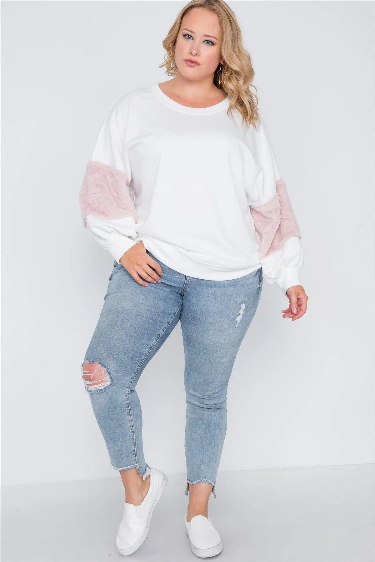 Plus Size Off White Faux Fur Pink Sleeves Sweater /2-2-2 - Tasha Apparel Wholesale