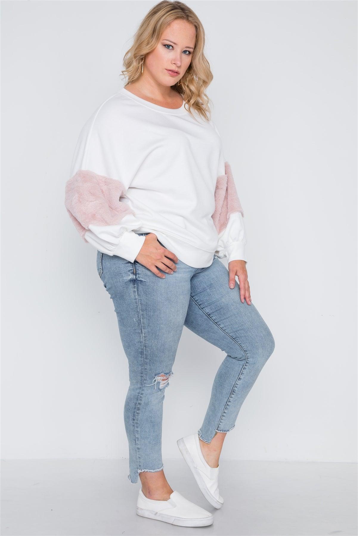 Plus Size Off White Faux Fur Pink Sleeves Sweater /2-2-2