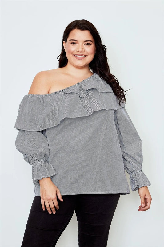 Plus Size Black One Shoulder Ruffle Layer Top /2-2-2 - Tasha Apparel Wholesale