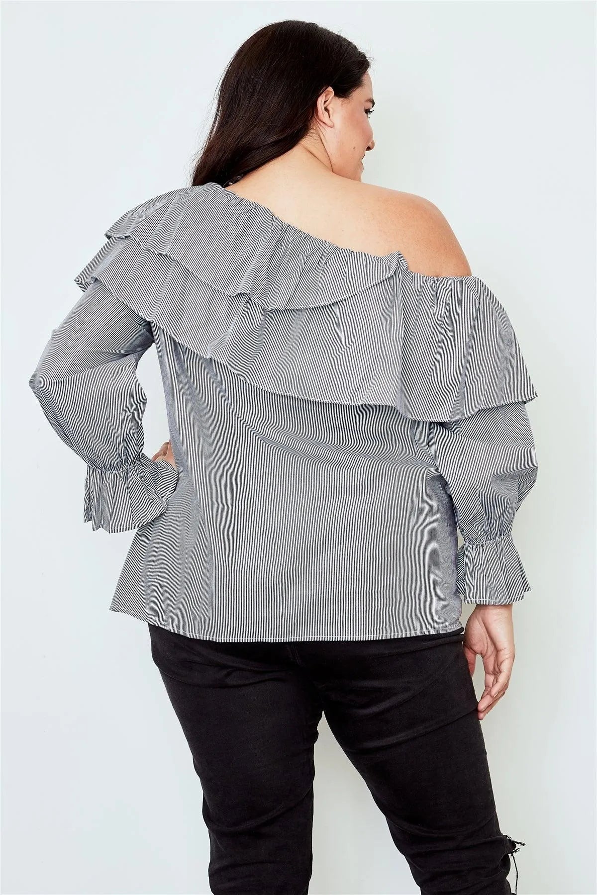 Plus Size Black One Shoulder Ruffle Layer Top /2-2-2 - Tasha Apparel Wholesale