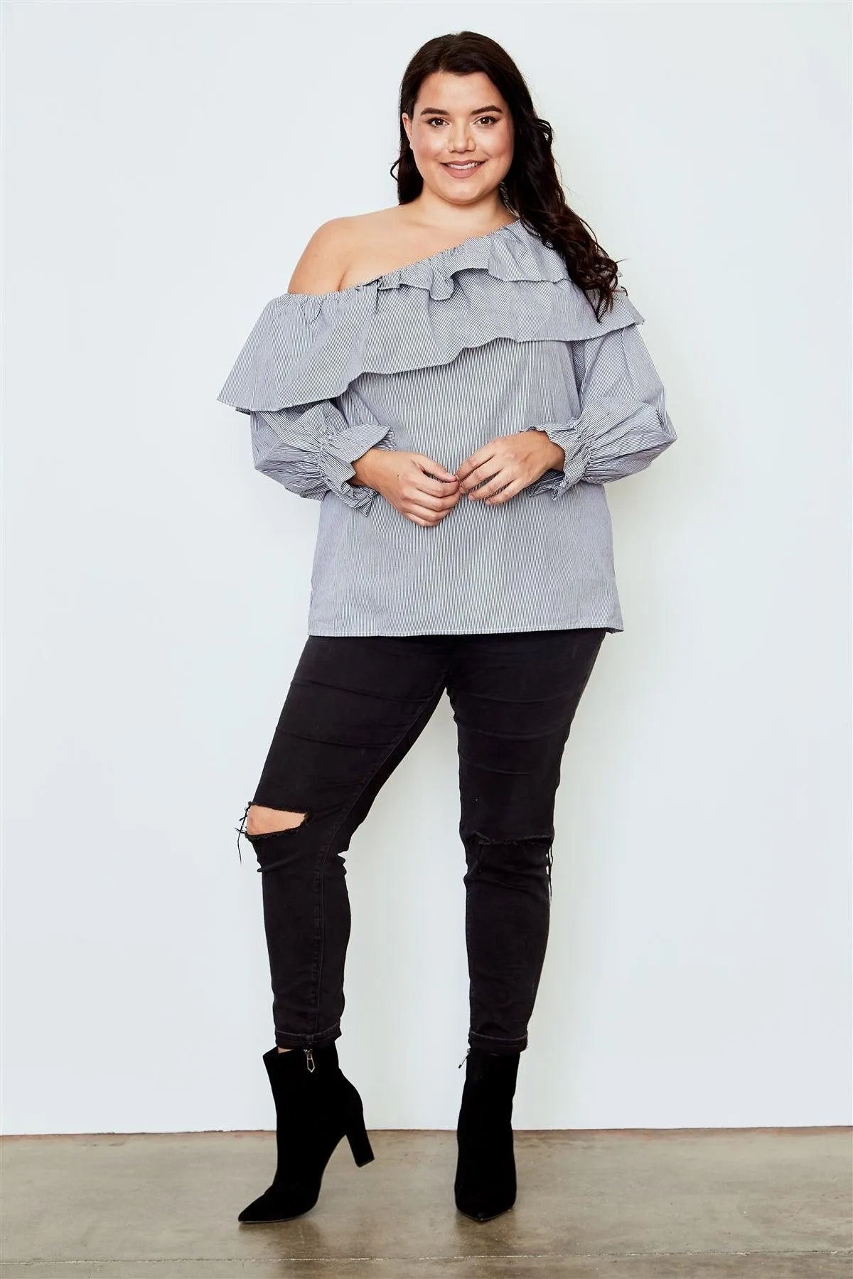 Plus Size Black One Shoulder Ruffle Layer Top /2-2-2 - Tasha Apparel Wholesale