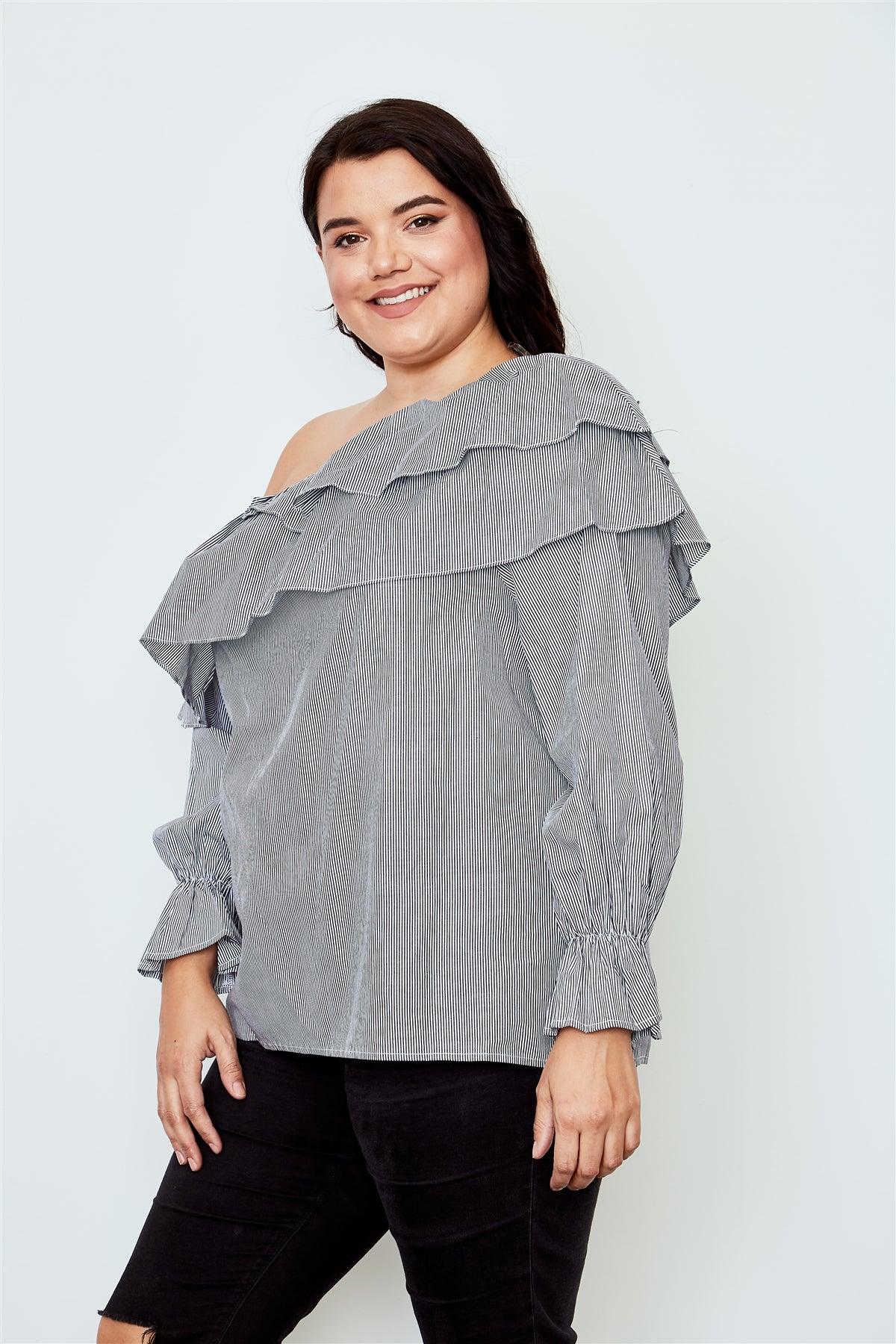 Plus Size Black One Shoulder Ruffle Layer Top /2-2-2