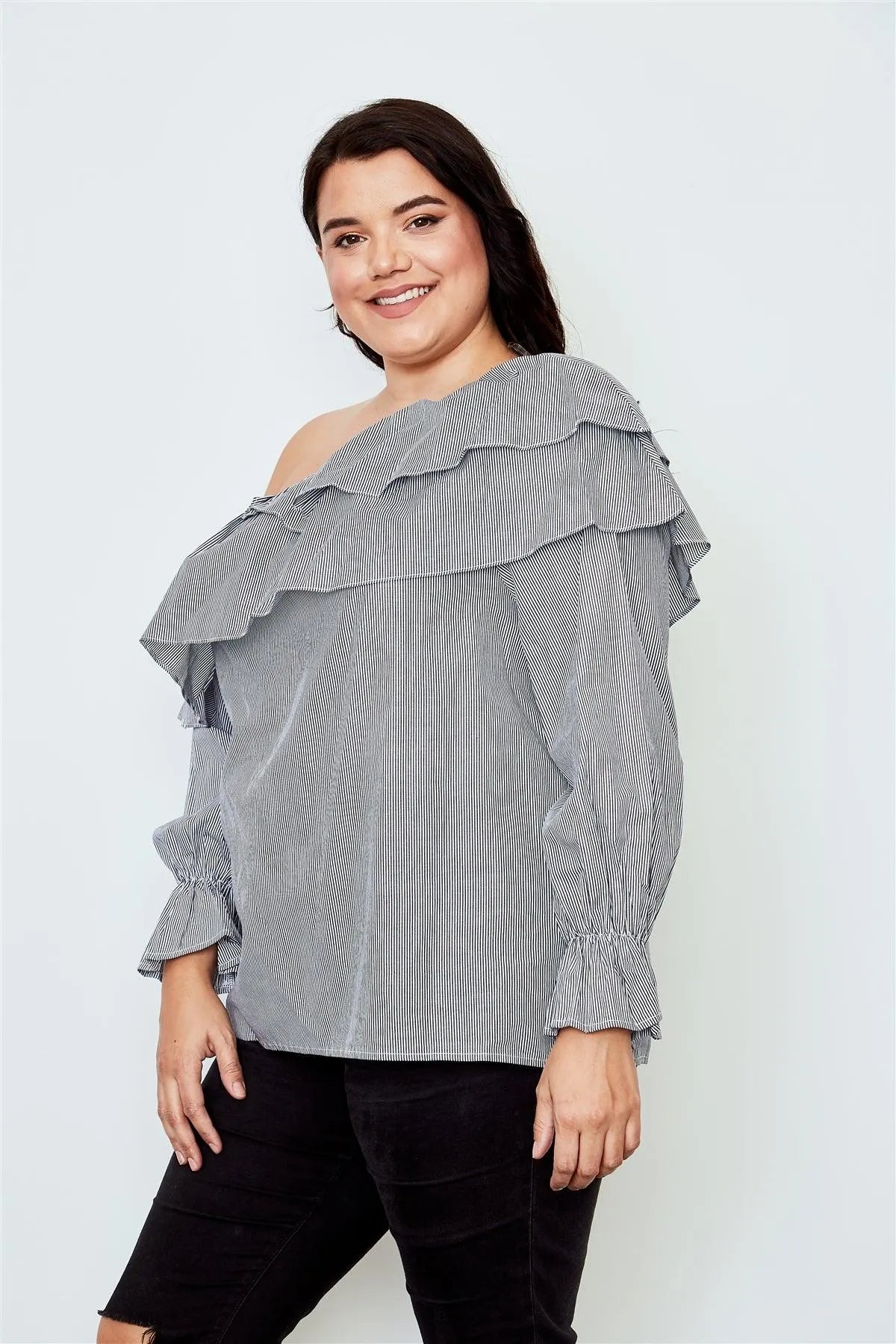 Plus Size Black One Shoulder Ruffle Layer Top /2-2-2 - Tasha Apparel Wholesale