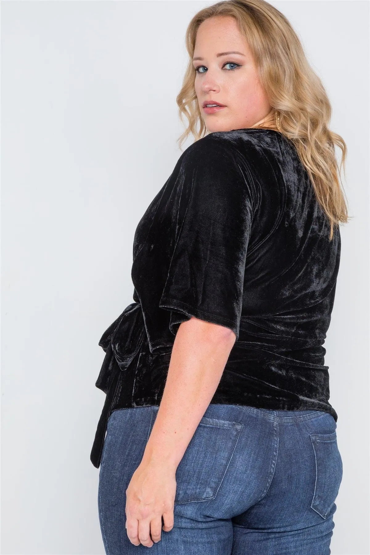Junior Plus Size Black Velvet Short Sleeve Side Tie Top /2-3-1 - Tasha Apparel Wholesale