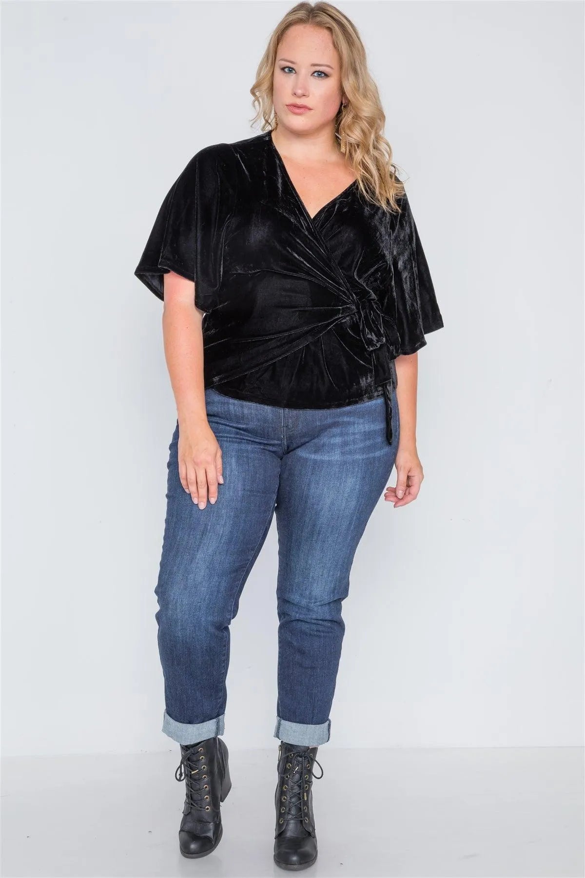 Junior Plus Size Black Velvet Short Sleeve Side Tie Top /2-3-1 - Tasha Apparel Wholesale