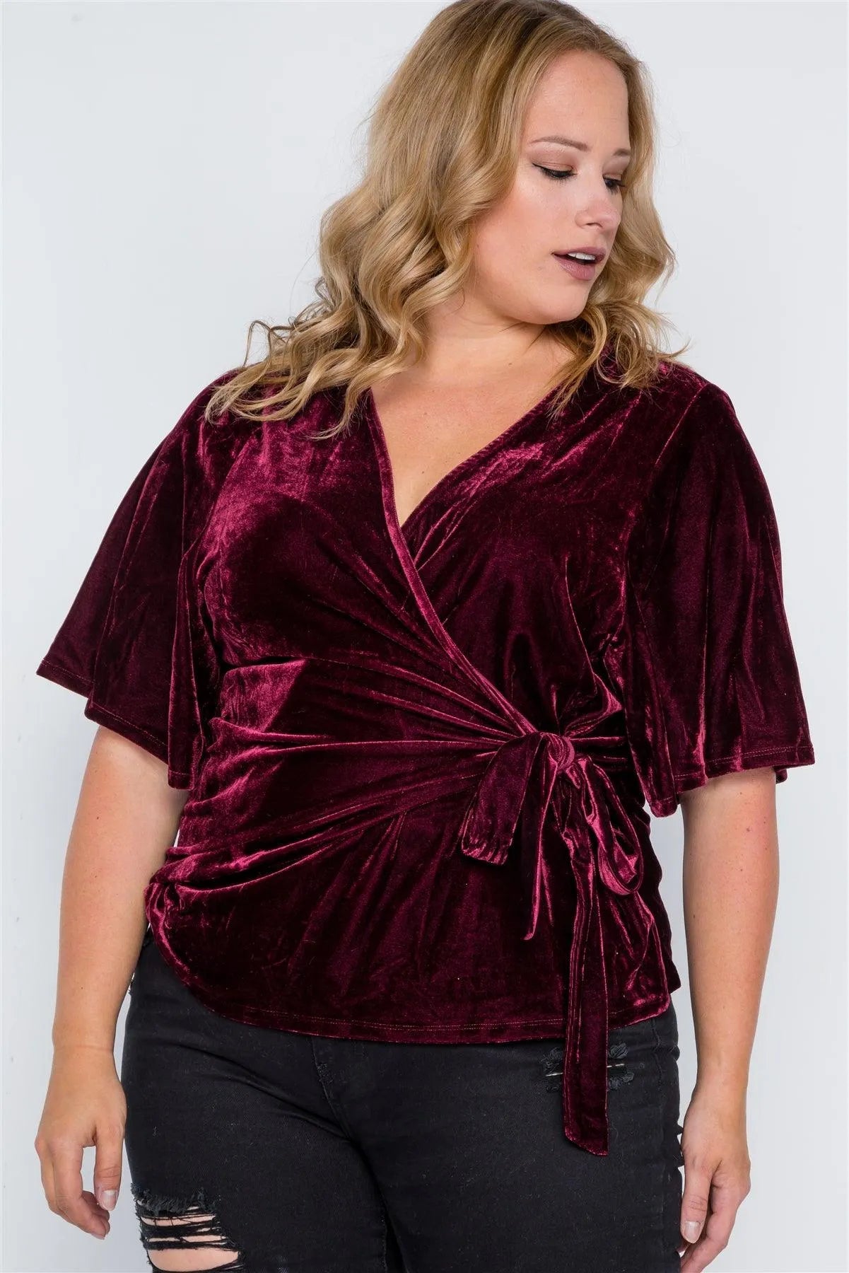 Plus Size Burgundy Velvet Short Sleeve Side Tie Top - Tasha Apparel Wholesale