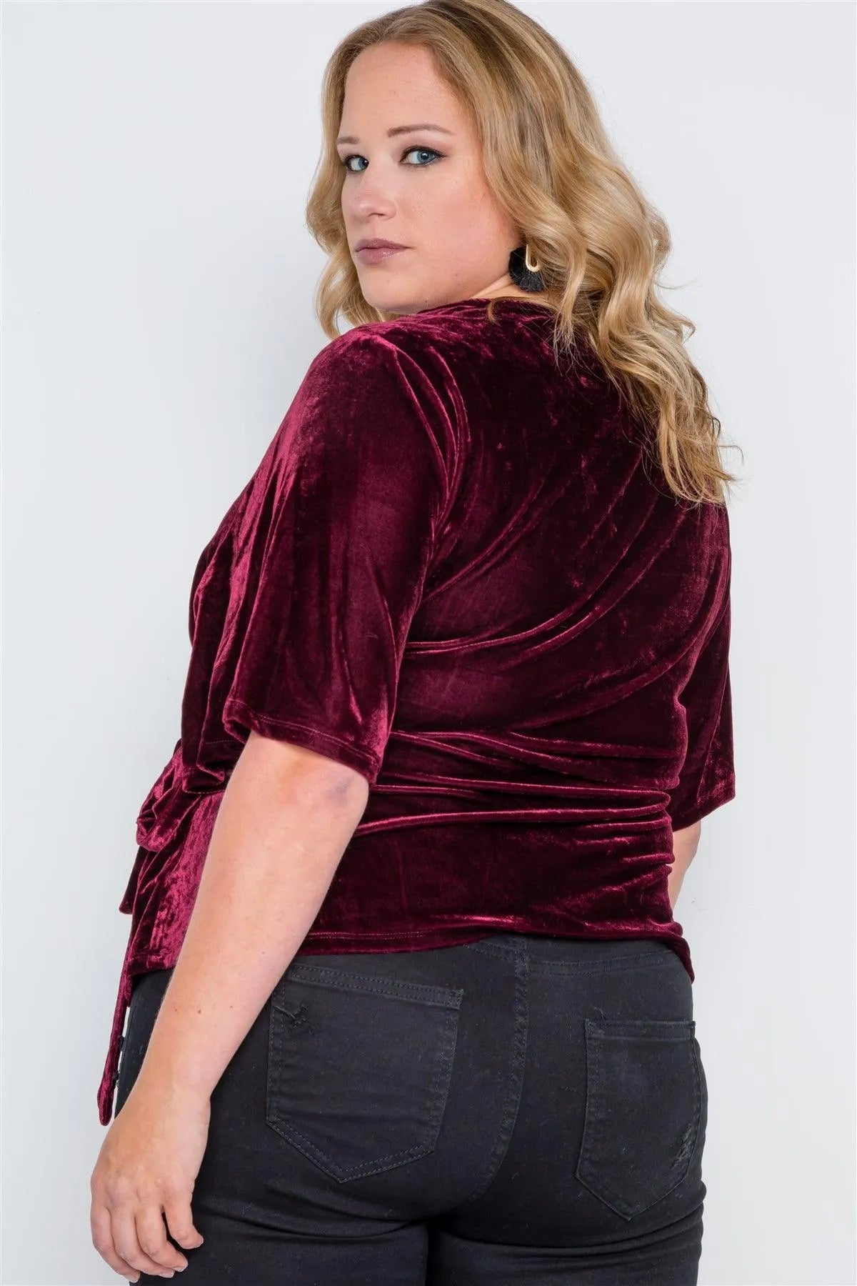Plus Size Burgundy Velvet Short Sleeve Side Tie Top /2-3-1 - Tasha Apparel Wholesale