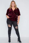Plus Size Burgundy Velvet Short Sleeve Side Tie Top /3-3 - Tasha Apparel Wholesale